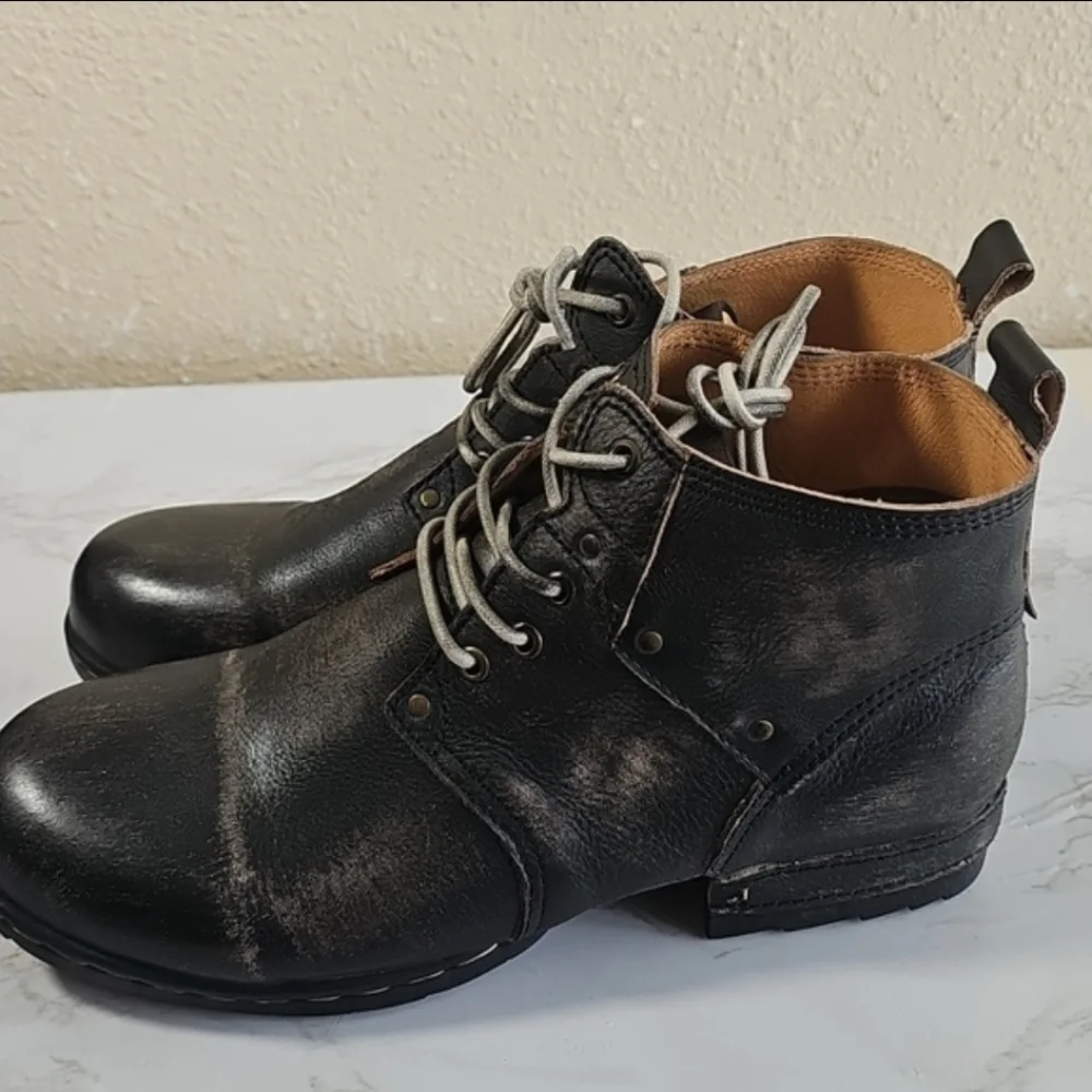 OSSTONE Moto Boots lace-up Leather Chukka Boots.